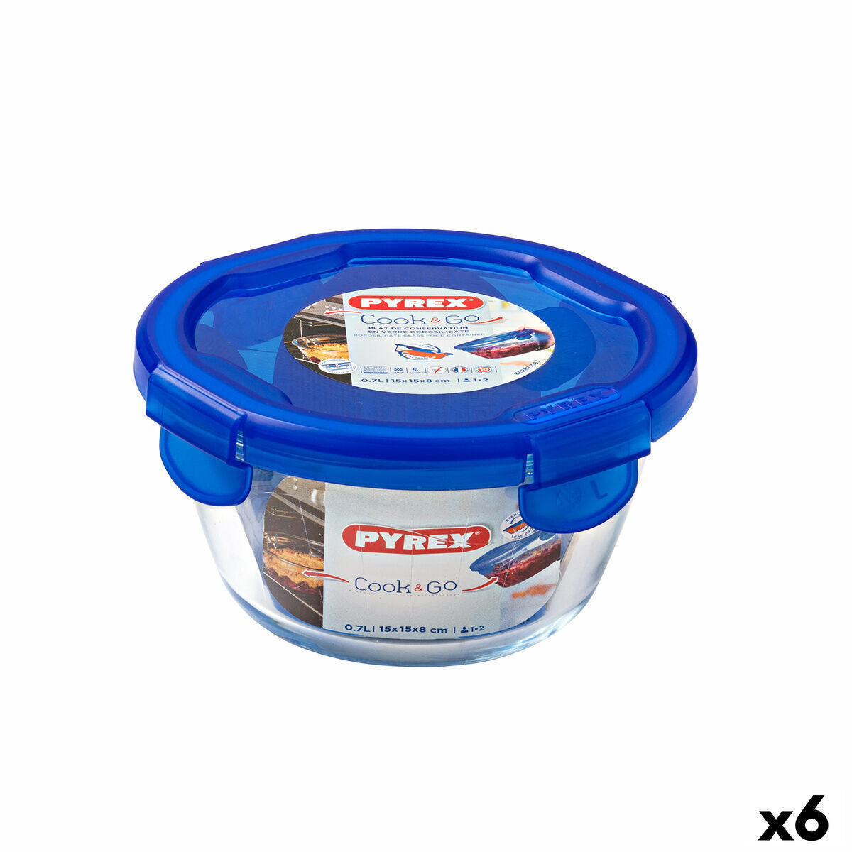 Fiambrera Hermética Pyrex Cook &amp; go 15,5 x 15,5 x 8,5 cm Azul 700 ml Cristal (6 Unidades)