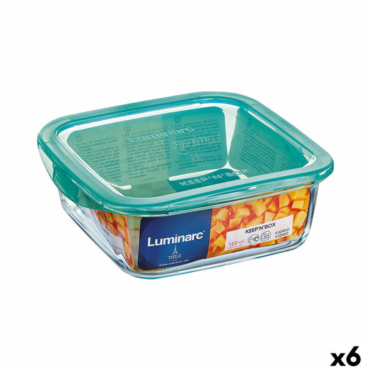 Square Lunch Box with Lid Luminarc Keep'n Lagon 760 ml 13 x 6 cm Turquoise Glass (6 Units) Luminarc