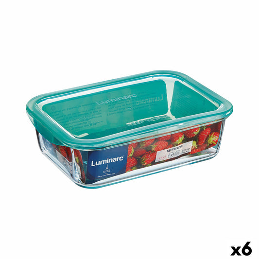 Rectangular Lunchbox with Lid Luminarc Keep'n Lagon 16 x 11,3 x 6 cm Turquoise 820 ml Glass (6 Units) Luminarc