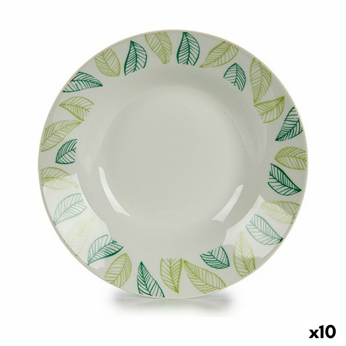 Deep Plate White Green Ø 20,6 cm Sheets Porcelain (10Units) BigBuy Home