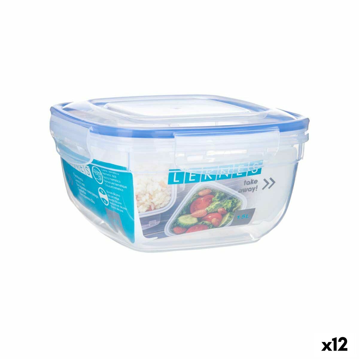 Hermetic Lunch Box Squared Transparent polypropylene 1,5 L 17 x 10 x 17 cm (12 Units) Leknes