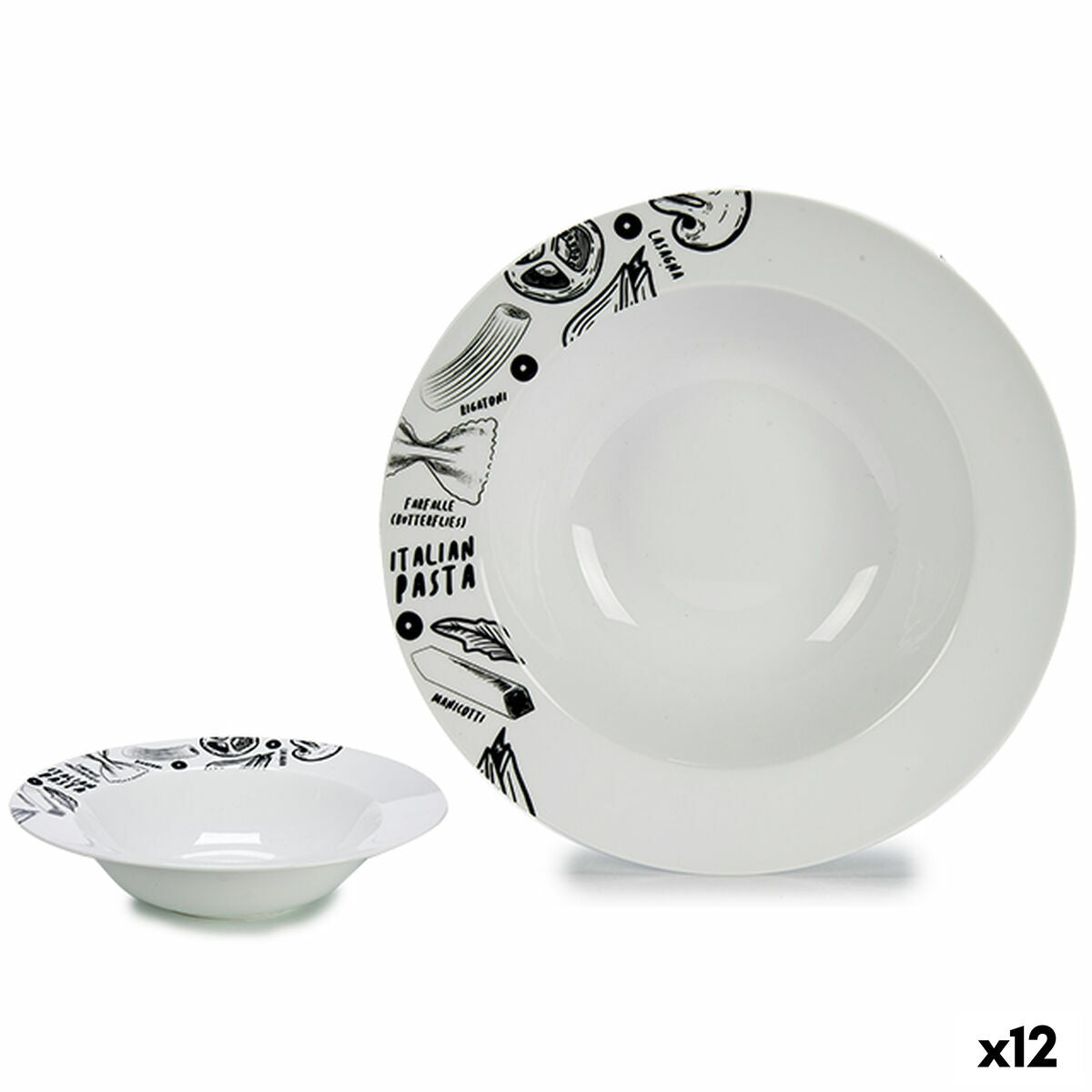 Pasta Dish White Black Porcelain 30 x 7,5 x 30 cm (12 Units) BigBuy Home